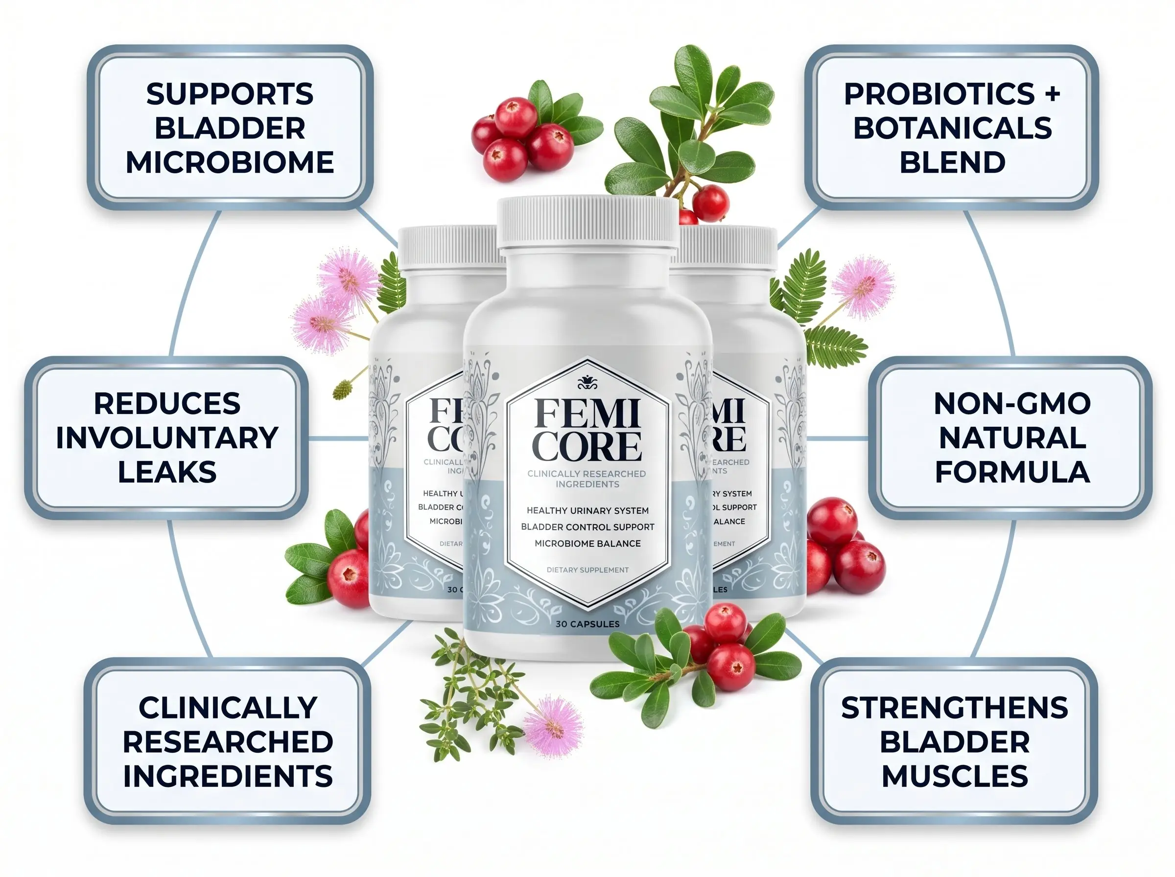 Infographic of FemiCore key benefits for bladder and microbiome support